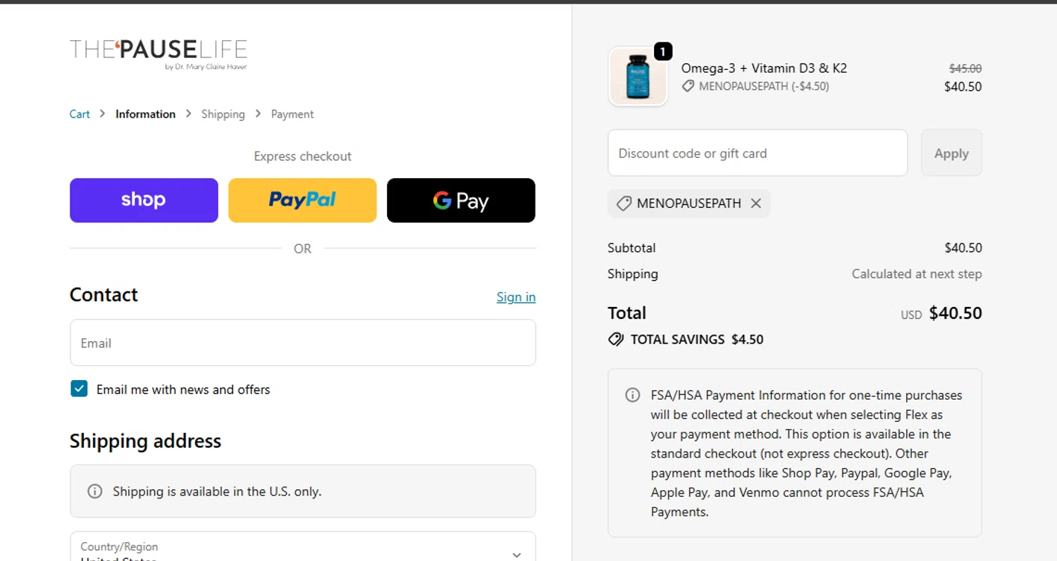 The 'Pause Life discount code screenshot showing code MENOPAUSEPATH applied at The 'Pause Life checkout page. Uploaded by SimplyCodes community member gilbertrondon on Oct 29, 2025