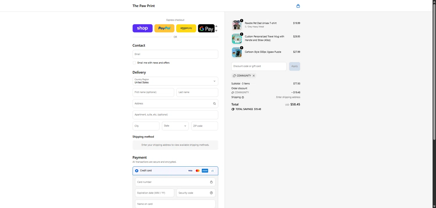 The Paw Print checkout page showing The Paw Print discount code box | Screenshot taken by SimplyCodes community member on Feb 4, 2026