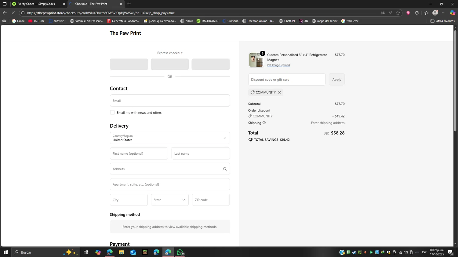 The Paw Print discount code screenshot showing code COMMUNITY applied at The Paw Print checkout page. Uploaded by SimplyCodes community member Ricardoanavas on Oct 17, 2025