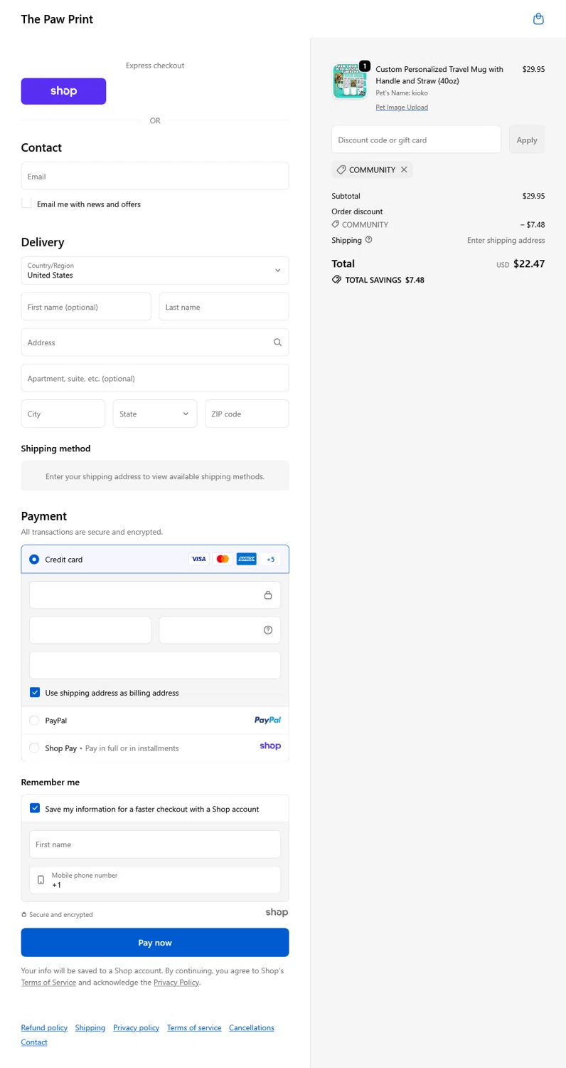 The Paw Print discount code screenshot showing code COMMUNITY applied at The Paw Print checkout page. Uploaded by SimplyCodes community member Rossimar on Nov 15, 2025