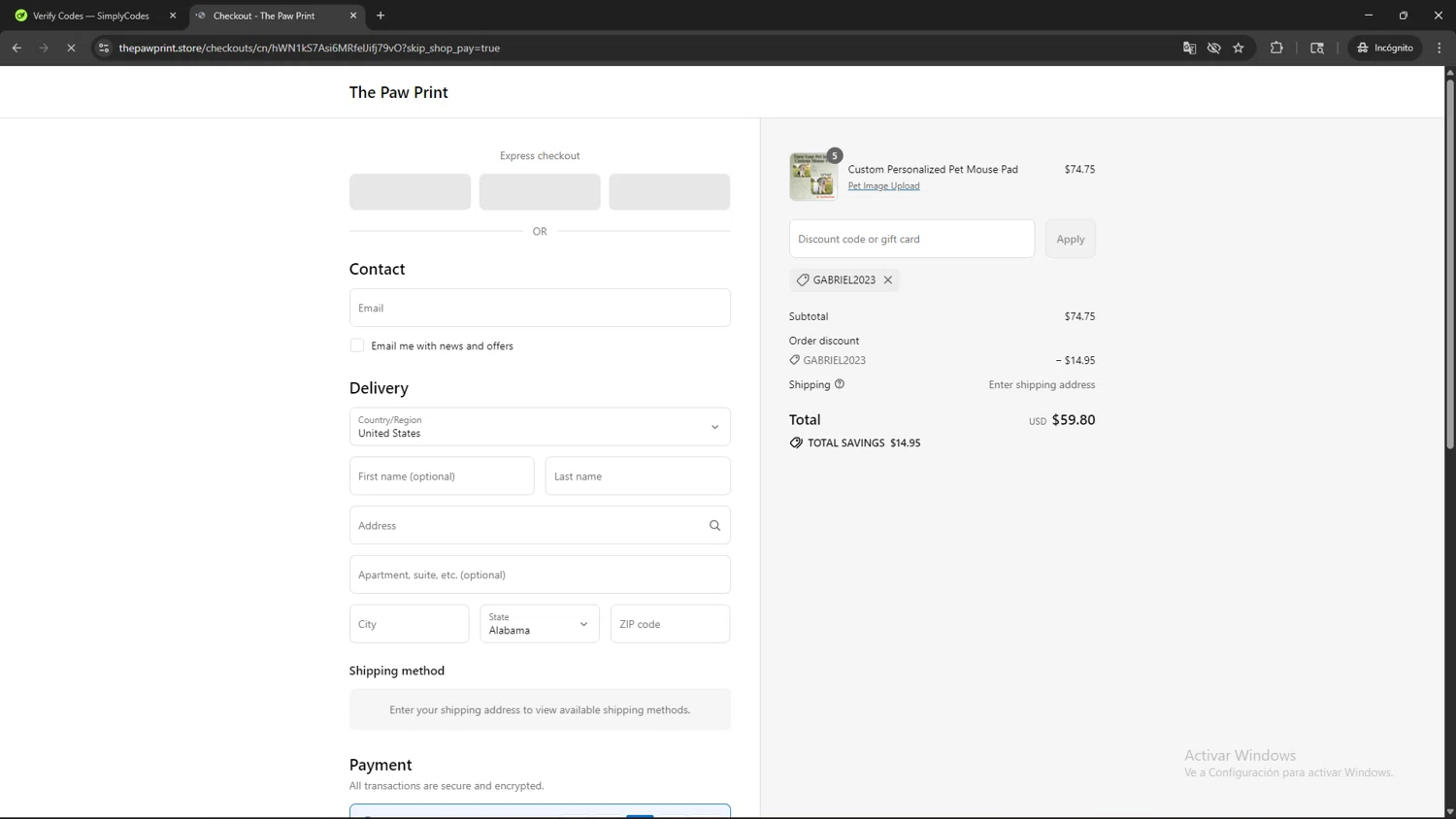 The Paw Print discount code screenshot showing code GABRIEL2023 applied at The Paw Print checkout page. Uploaded by SimplyCodes community member CRF250CC on Aug 13, 2025