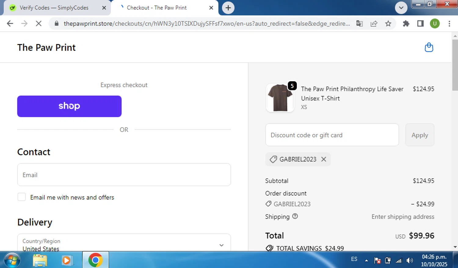 The Paw Print discount code screenshot showing code GABRIEL2023 applied at The Paw Print checkout page. Uploaded by SimplyCodes community member CouponSaver4196 on Oct 10, 2025