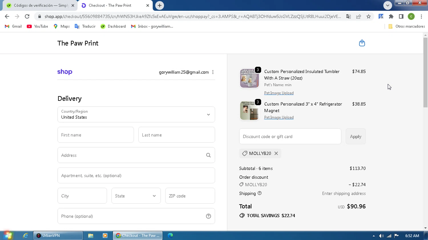 The Paw Print discount code screenshot showing code MOLLYB20 applied at The Paw Print checkout page. Uploaded by SimplyCodes community member MagnificentPilot8371 on Nov 8, 2025