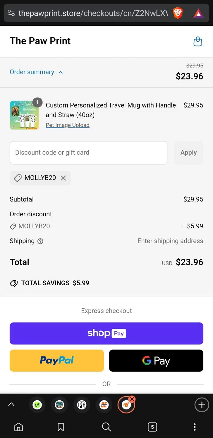 The Paw Print discount code screenshot showing code MOLLYB20 applied at The Paw Print checkout page. Uploaded by SimplyCodes community member conorgrey on Jun 16, 2025