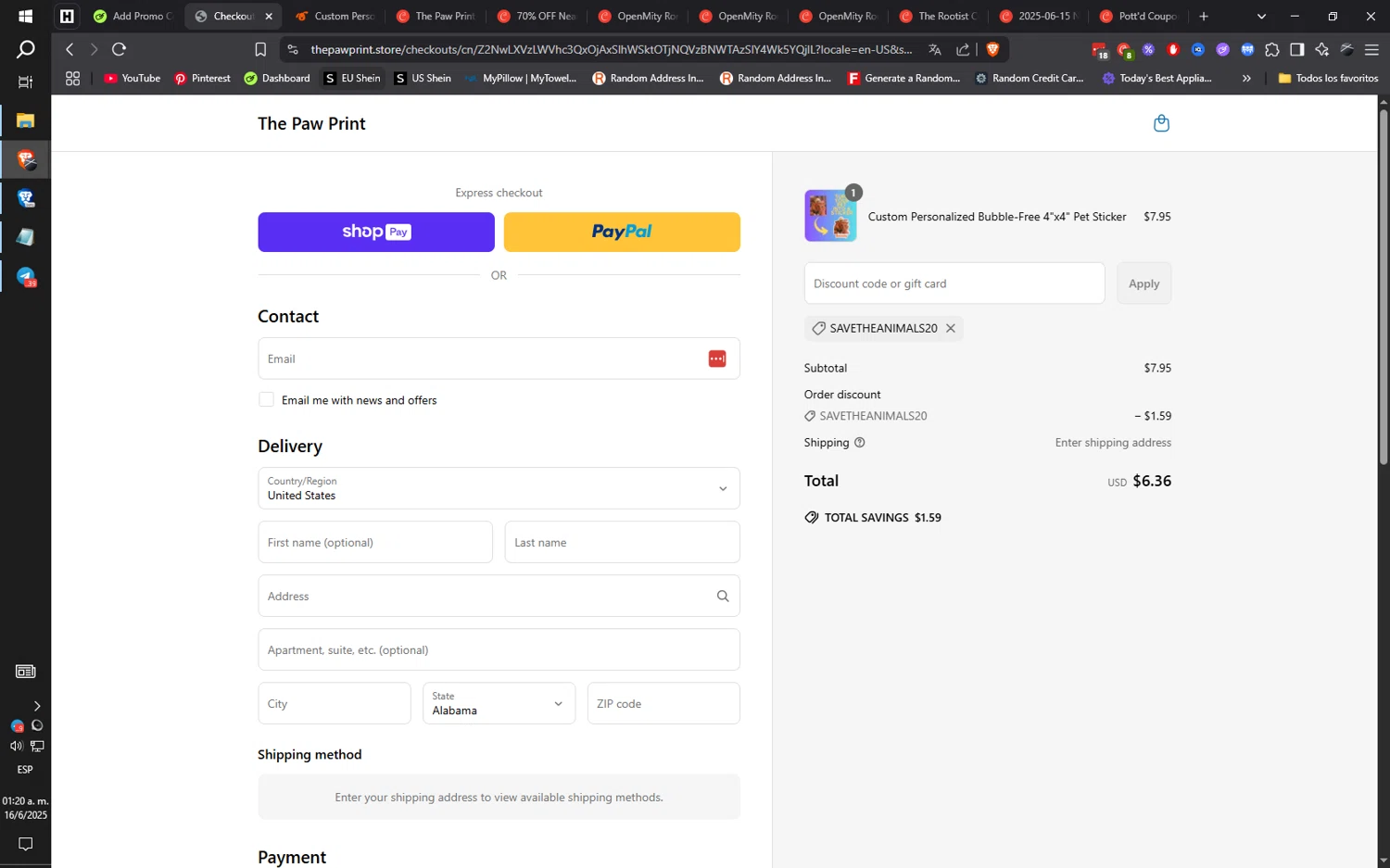 The Paw Print discount code screenshot showing code SAVETHEANIMALS20 applied at The Paw Print checkout page. Uploaded by SimplyCodes community member ilarrazaM1 on Jun 16, 2025