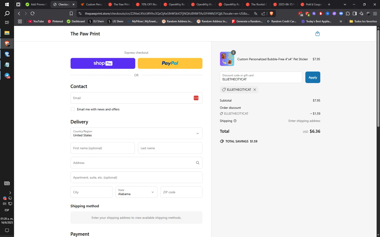 The Paw Print discount code screenshot showing code ELLIETHECITYCAT applied at The Paw Print checkout page. Uploaded by SimplyCodes community member ilarrazaM1 on Jun 16, 2025