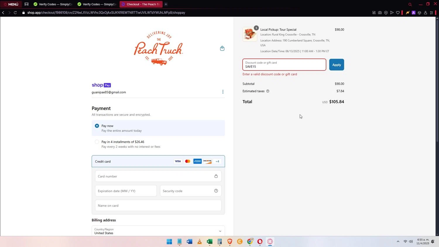 The Peach Truck checkout page showing The Peach Truck discount code box | Screenshot taken by SimplyCodes community member on Apr 11, 2025