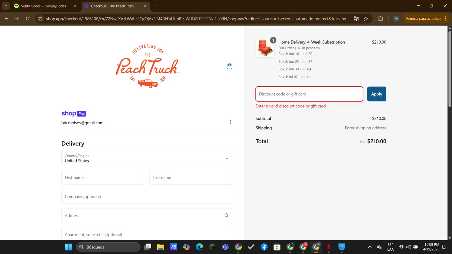 The Peach Truck discount code screenshot showing code SUMMERFIX15 applied at The Peach Truck checkout page. Uploaded by SimplyCodes community member DTBERA2024 on Apr 20, 2025