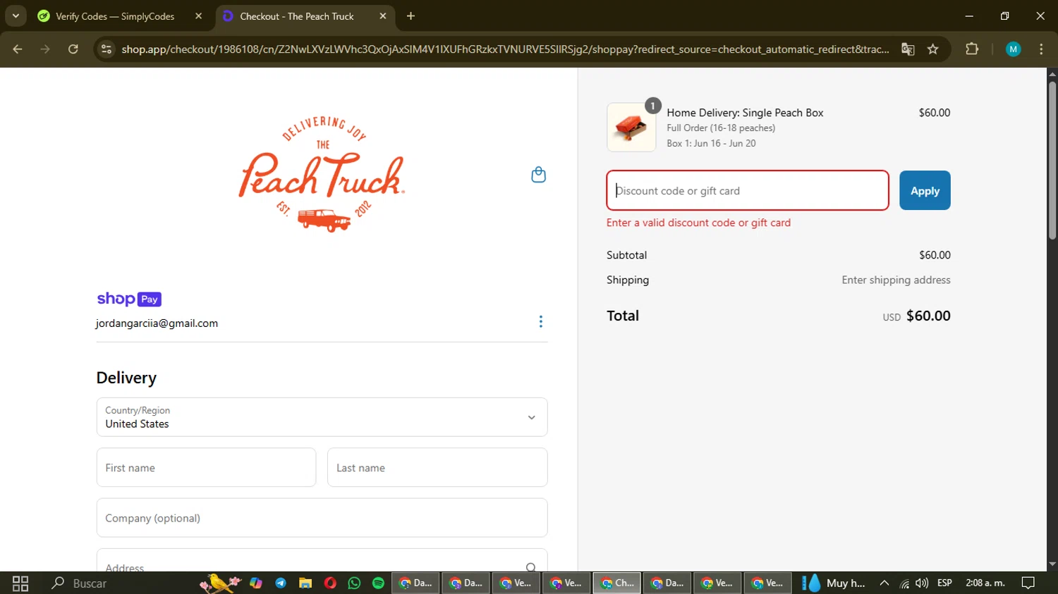 The Peach Truck discount code screenshot showing code SUMMERFIX15 applied at The Peach Truck checkout page. Uploaded by SimplyCodes community member Micell on Apr 20, 2025