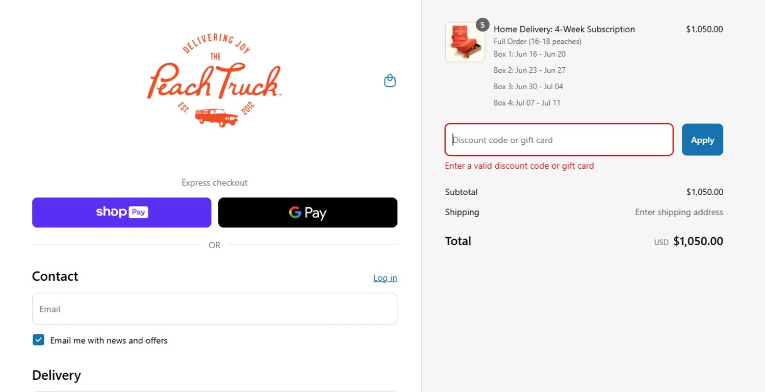 The Peach Truck discount code screenshot showing code SUMMERFIX15 applied at The Peach Truck checkout page. Uploaded by SimplyCodes community member CoinWhiz6239 on Apr 20, 2025