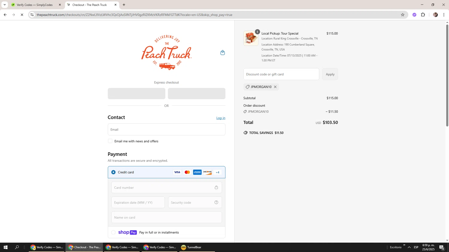 The Peach Truck checkout page showing The Peach Truck discount code box | Screenshot taken by SimplyCodes community member on Jun 25, 2025