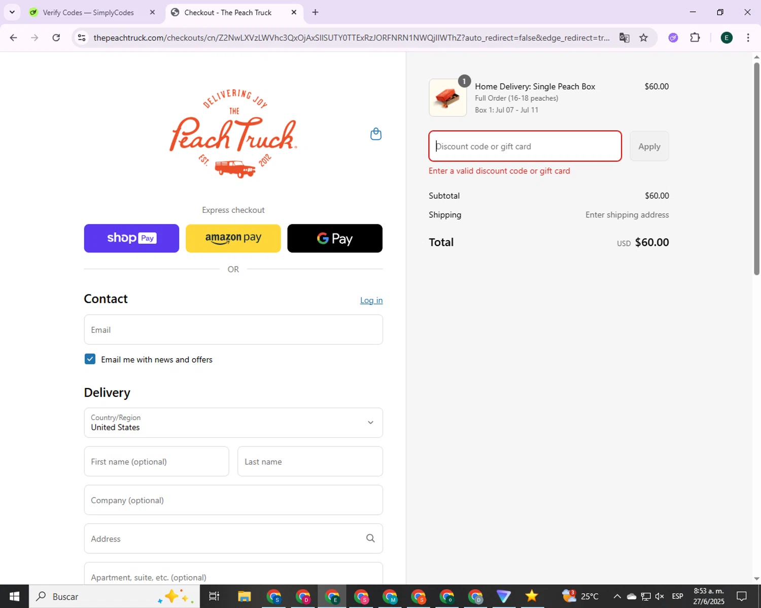 The Peach Truck discount code screenshot showing code JPMORGAN10 applied at The Peach Truck checkout page. Uploaded by SimplyCodes community member 00000006 on Jun 27, 2025