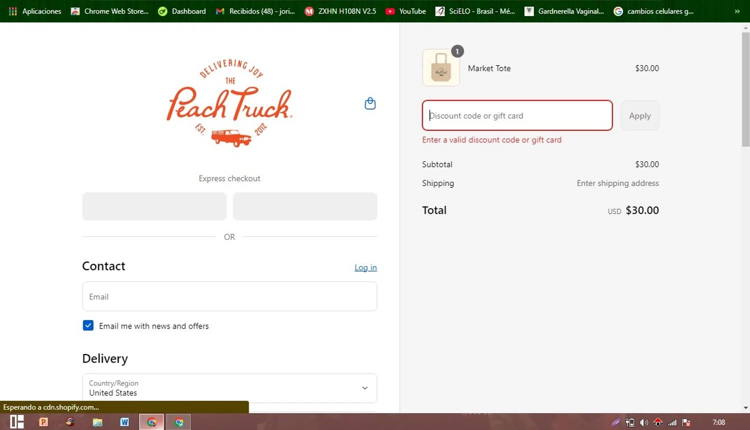 The Peach Truck discount code screenshot showing code K2Mu-4ArR-t!y4z applied at The Peach Truck checkout page. Uploaded by SimplyCodes community member Patobel on Aug 31, 2025