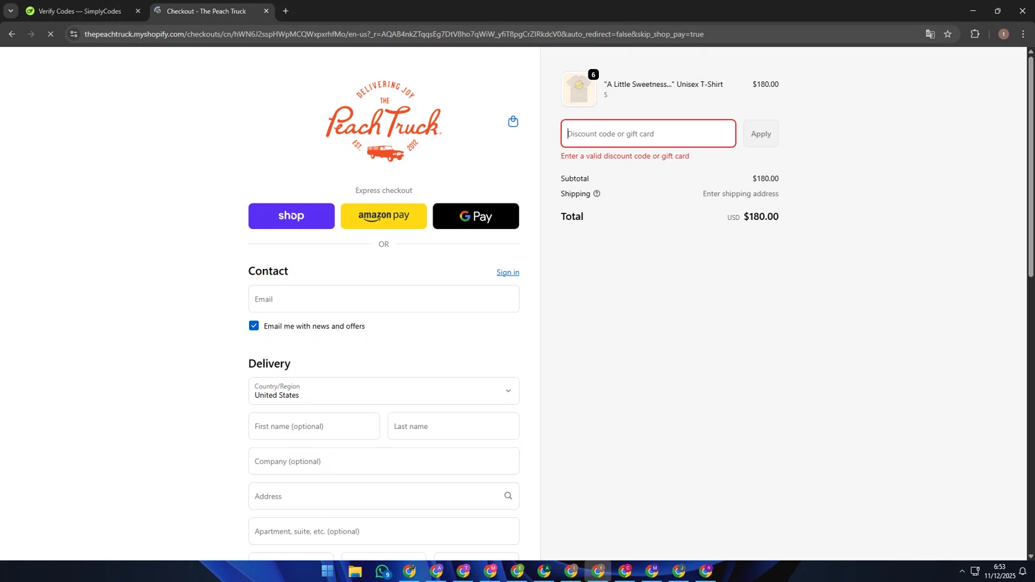 The Peach Truck discount code screenshot showing code SETH10 applied at The Peach Truck checkout page. Uploaded by SimplyCodes community member Kaizen on Dec 11, 2025