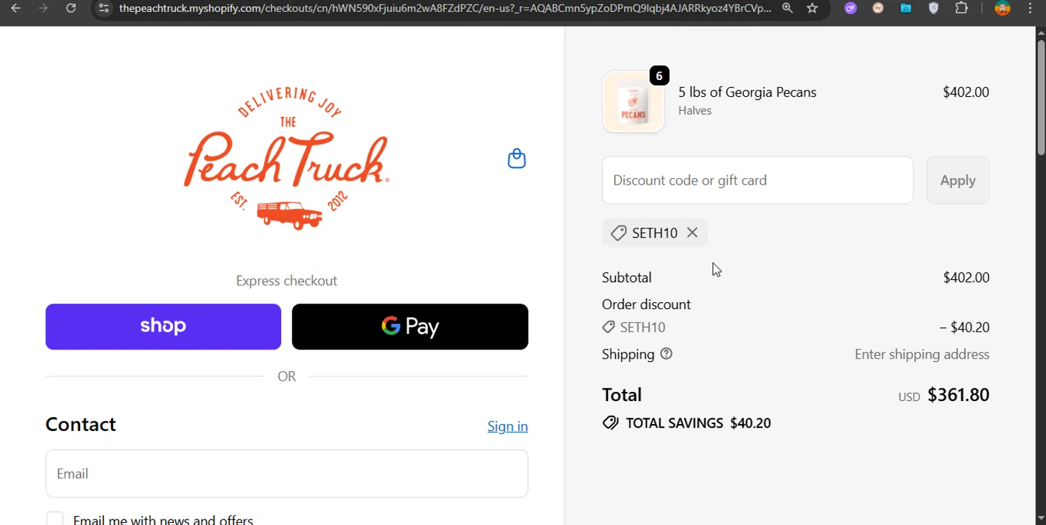The Peach Truck discount code screenshot showing code SETH10 applied at The Peach Truck checkout page. Uploaded by SimplyCodes community member PrimeShopper6600 on Nov 10, 2025