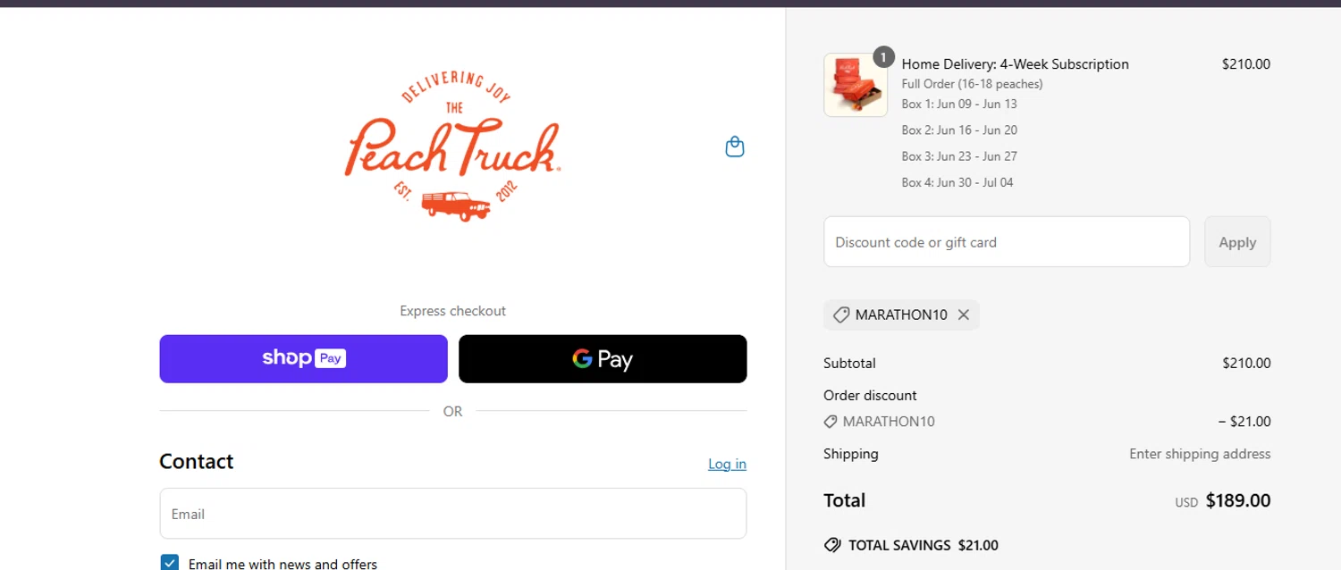The Peach Truck discount code screenshot showing code MARATHON10 applied at The Peach Truck checkout page. Uploaded by SimplyCodes community member ashe1986 on May 29, 2025