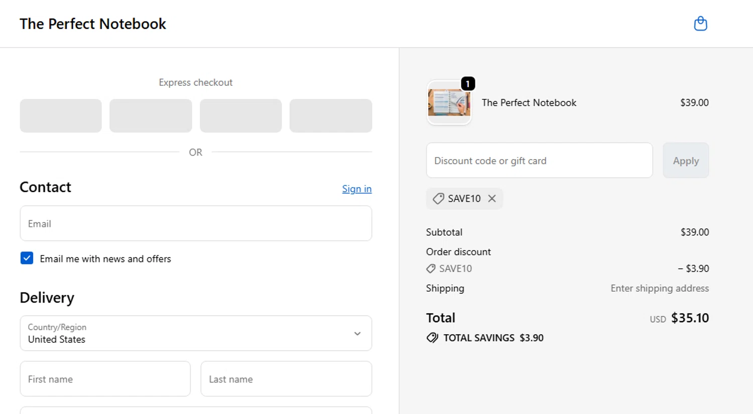 The Perfect Notebook promo code screenshot showing code SAVE10 applied at The Perfect Notebook checkout page. Uploaded by SimplyCodes community member PennyScout6137 on Oct 29, 2025