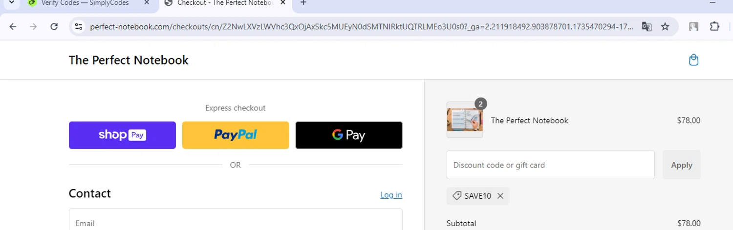 The Perfect Notebook promo code screenshot showing code SAVE10 applied at The Perfect Notebook checkout page. Uploaded by SimplyCodes community member CleverNavigator9655 on Dec 29, 2024
