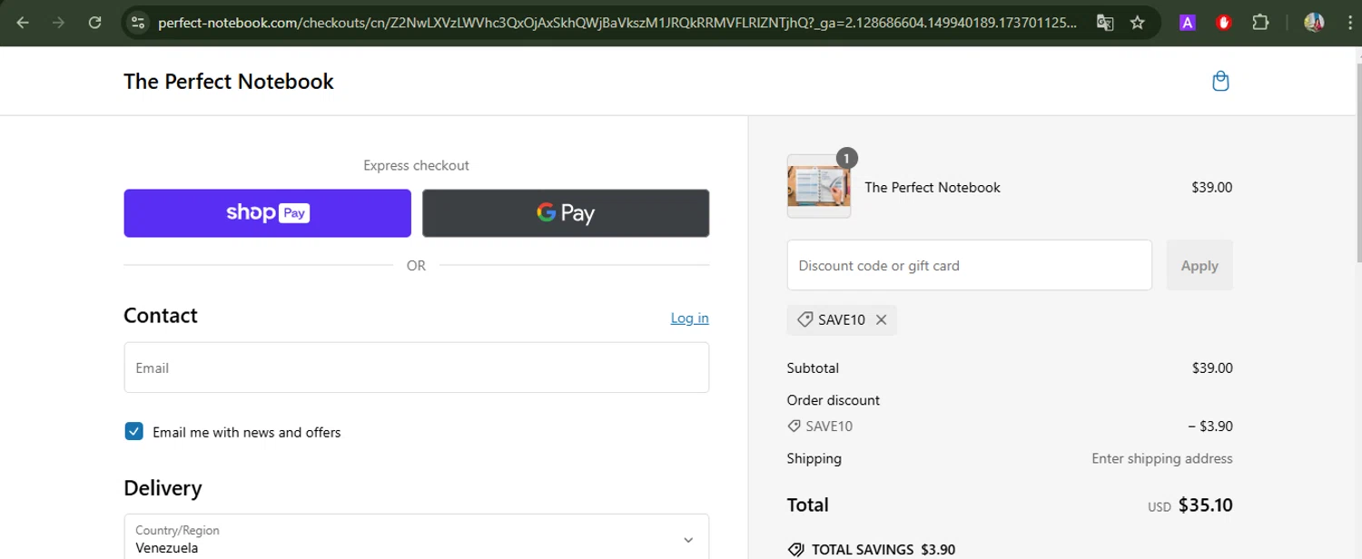 The Perfect Notebook promo code screenshot showing code SAVE10 applied at The Perfect Notebook checkout page. Uploaded by SimplyCodes community member BrilliantFox7966 on Jan 16, 2025