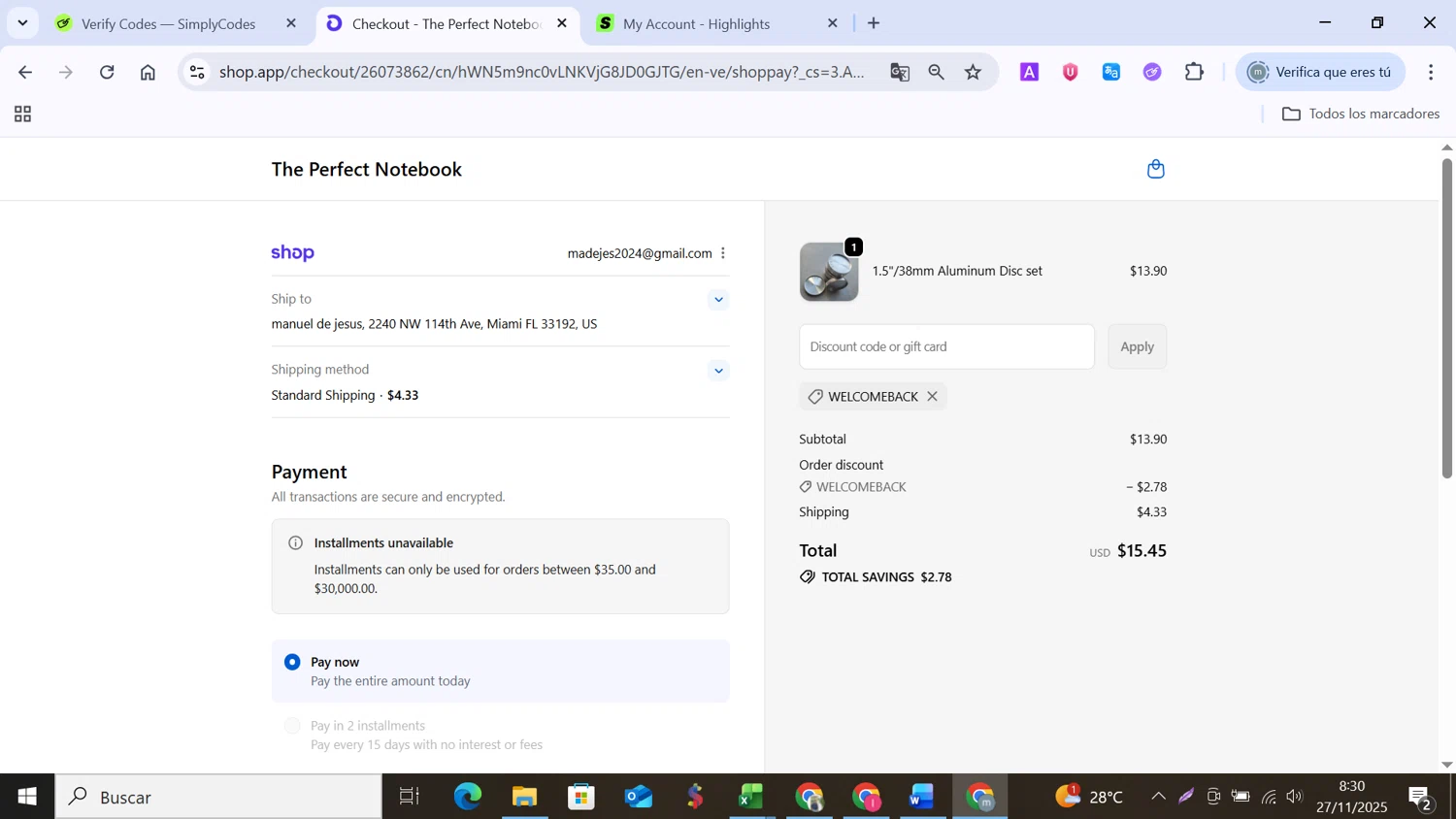 The Perfect Notebook promo code screenshot showing code WELCOMEBACK applied at The Perfect Notebook checkout page. Uploaded by SimplyCodes community member MANUELURBINA on Nov 27, 2025