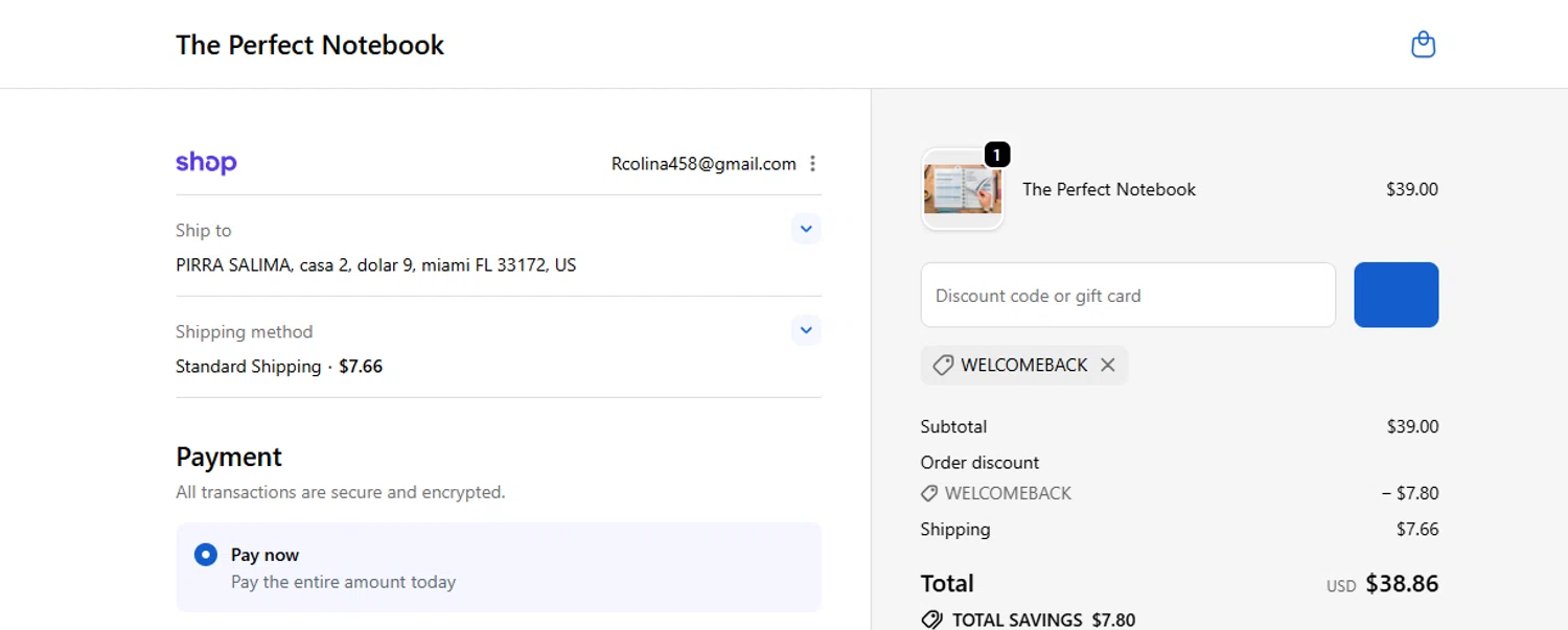 The Perfect Notebook promo code screenshot showing code WELCOMEBACK applied at The Perfect Notebook checkout page. Uploaded by SimplyCodes community member ShieldWarden5142 on Oct 1, 2025