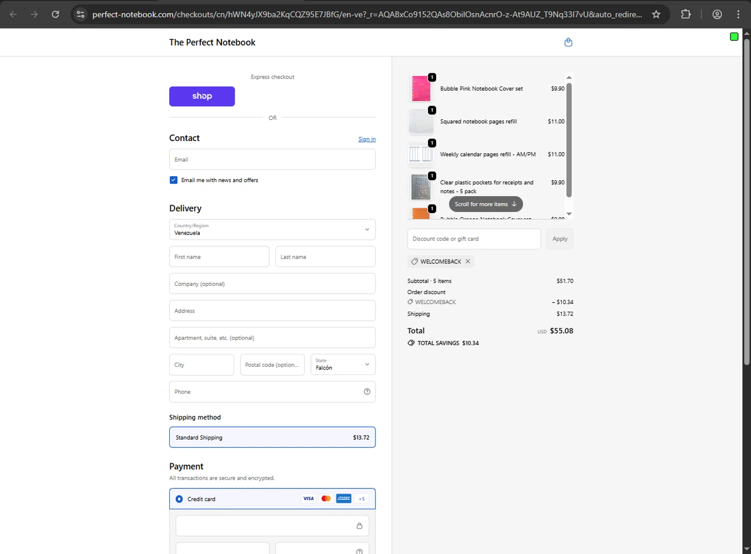 The Perfect Notebook promo code screenshot showing code WELCOMEBACK applied at The Perfect Notebook checkout page. Uploaded by SimplyCodes community member fiadaz on Nov 6, 2025