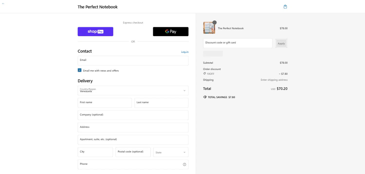 The Perfect Notebook promo code screenshot showing code 10OFF applied at The Perfect Notebook checkout page. Uploaded by SimplyCodes community member PromoAdmiral6652 on Feb 15, 2025