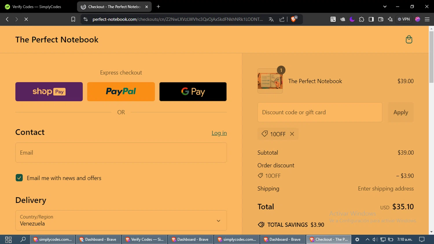 The Perfect Notebook promo code screenshot showing code 10OFF applied at The Perfect Notebook checkout page. Uploaded by SimplyCodes community member maximoarquimedes on Dec 31, 2024