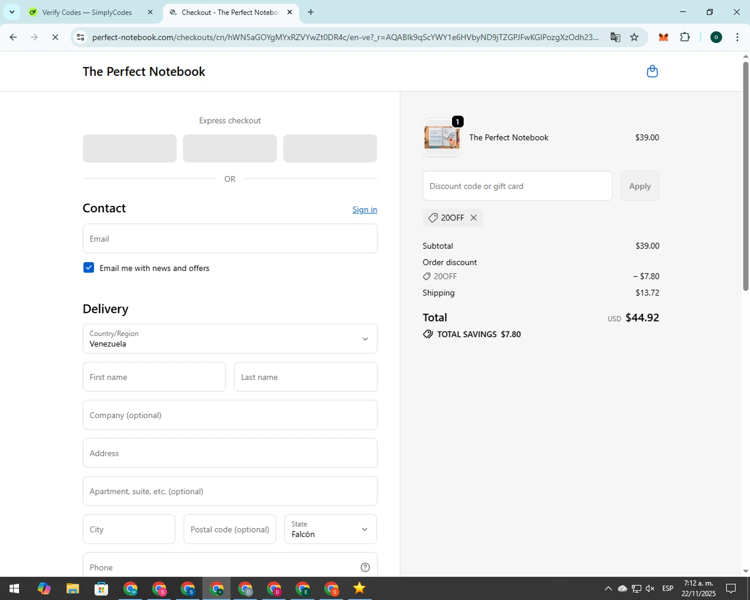 The Perfect Notebook promo code screenshot showing code 20OFF applied at The Perfect Notebook checkout page. Uploaded by SimplyCodes community member 00000008 on Nov 22, 2025