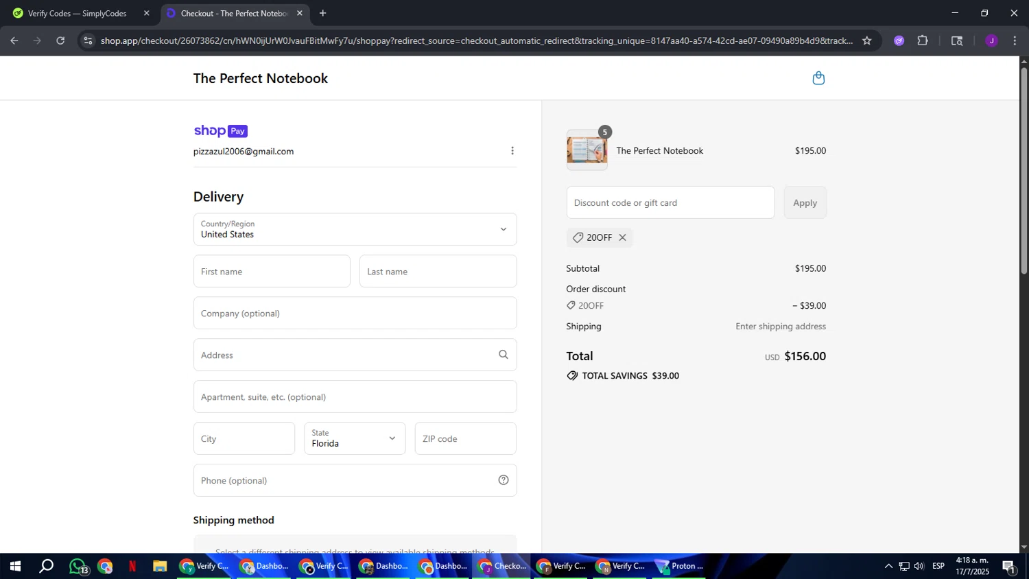 The Perfect Notebook promo code screenshot showing code 20OFF applied at The Perfect Notebook checkout page. Uploaded by SimplyCodes community member ComeBurra123 on Jul 17, 2025