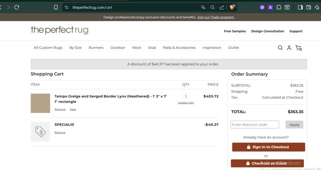 The Perfect Rug checkout page showing The Perfect Rug promo code box | Screenshot taken by SimplyCodes community member on Jul 26, 2025