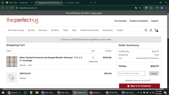 The Perfect Rug checkout page showing The Perfect Rug promo code box | Screenshot taken by SimplyCodes community member on Jun 27, 2025