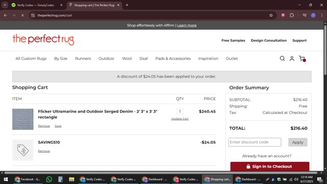 The Perfect Rug checkout page showing The Perfect Rug promo code box | Screenshot taken by SimplyCodes community member on Jun 27, 2025
