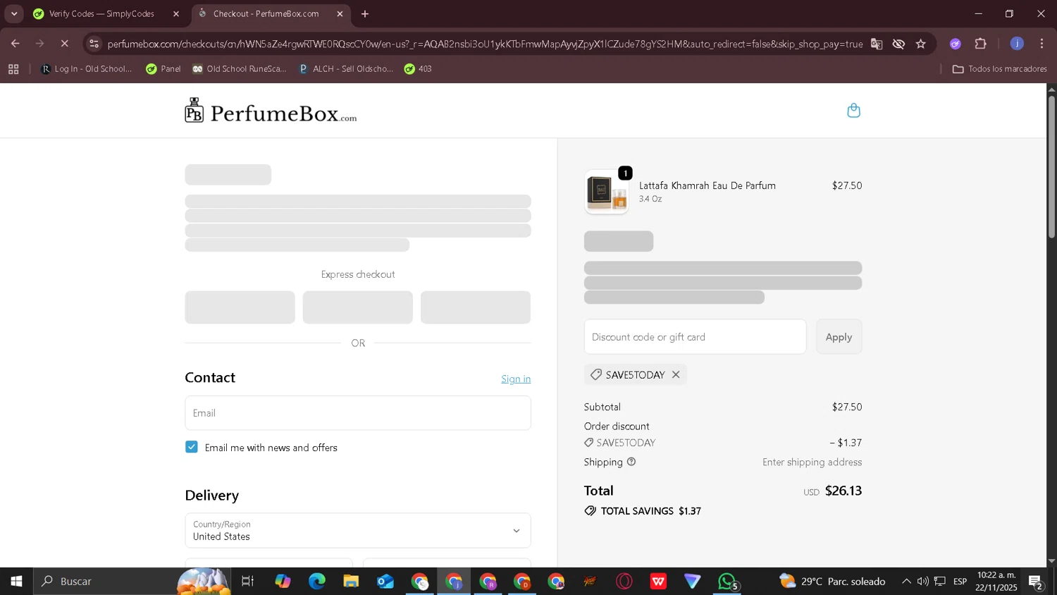 The Perfumebox promo code screenshot showing code SAVE5TODAY applied at The Perfumebox checkout page. Uploaded by SimplyCodes community member CouponOwl5049 on Nov 22, 2025
