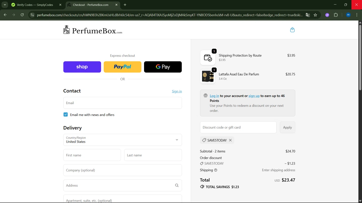 The Perfumebox checkout page showing The Perfumebox promo code box | Screenshot taken by SimplyCodes community member on Feb 25, 2026
