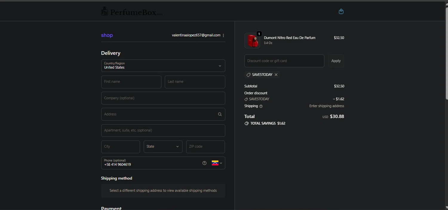 The Perfumebox promo code screenshot showing code SAVE5TODAY applied at The Perfumebox checkout page. Uploaded by SimplyCodes community member Nicoletorres on Oct 5, 2025