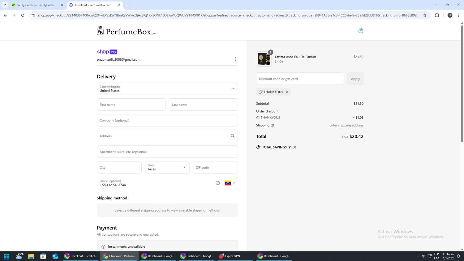 The Perfumebox promo code screenshot showing code THANKYOU5 applied at The Perfumebox checkout page. Uploaded by SimplyCodes community member AVATIGRITO on May 1, 2025