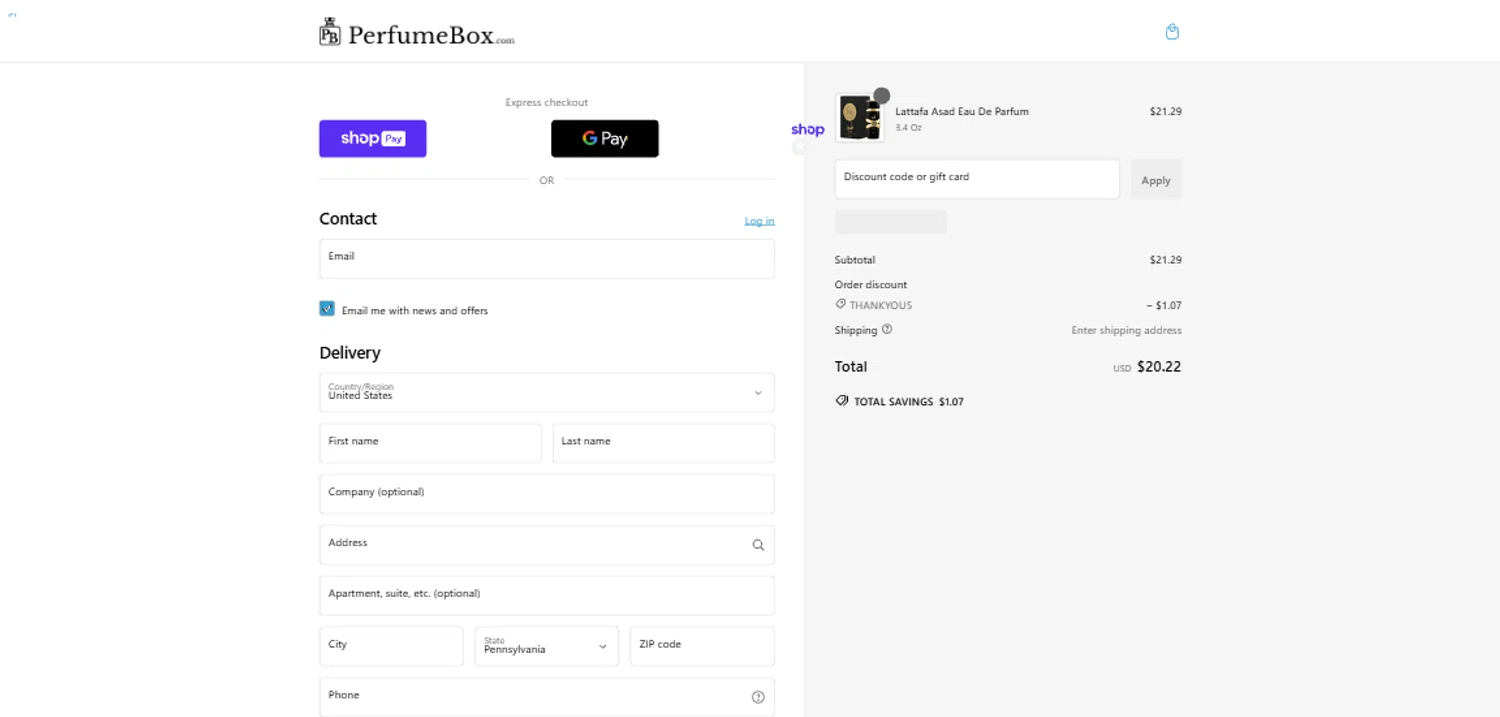 The Perfumebox promo code screenshot showing code THANKYOU5 applied at The Perfumebox checkout page. Uploaded by SimplyCodes community member CrownTiger6508 on Jan 23, 2025