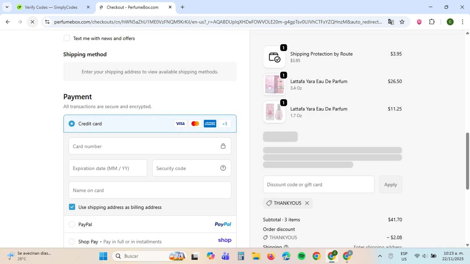 The Perfumebox promo code screenshot showing code THANKYOU5 applied at The Perfumebox checkout page. Uploaded by SimplyCodes community member VoucherBoss6971 on Nov 22, 2025