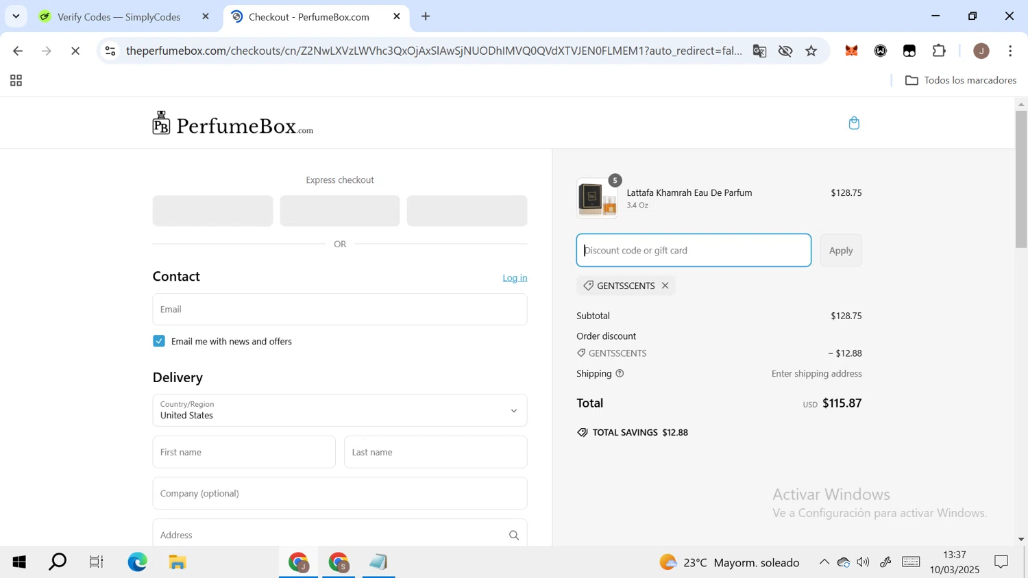 The Perfumebox promo code screenshot showing code GENTSSCENTS applied at The Perfumebox checkout page. Uploaded by SimplyCodes community member RoyalAdmiral4824 on Mar 10, 2025