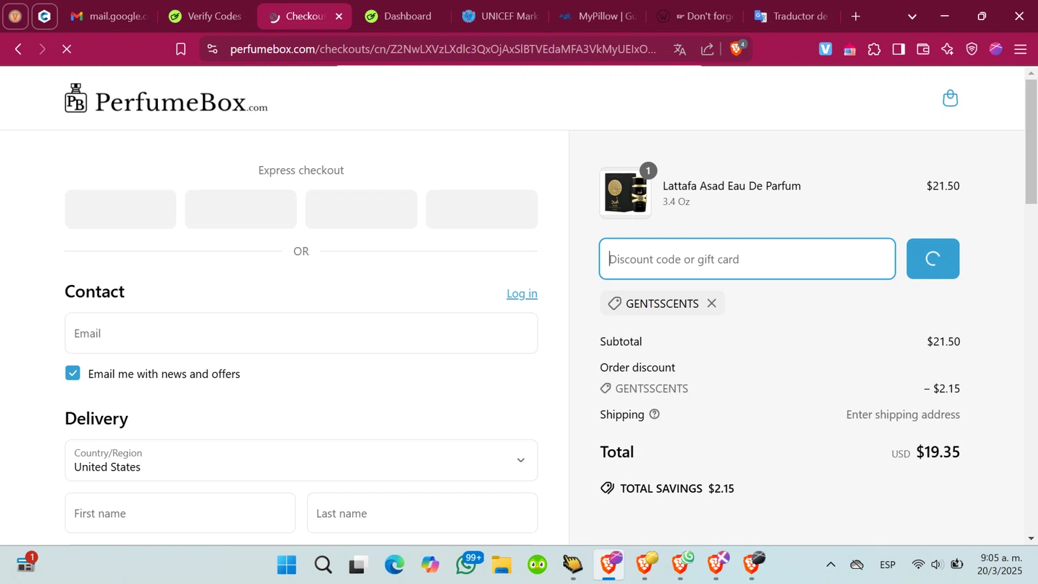 The Perfumebox promo code screenshot showing code GENTSSCENTS applied at The Perfumebox checkout page. Uploaded by SimplyCodes community member ShrewdMonarch4436 on Mar 20, 2025