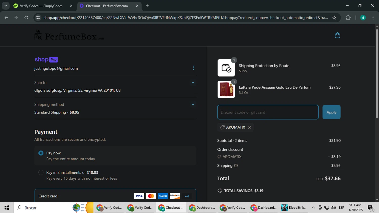 The Perfumebox promo code screenshot showing code aromatix applied at The Perfumebox checkout page. Uploaded by SimplyCodes community member HEROESCUDA on Mar 20, 2025