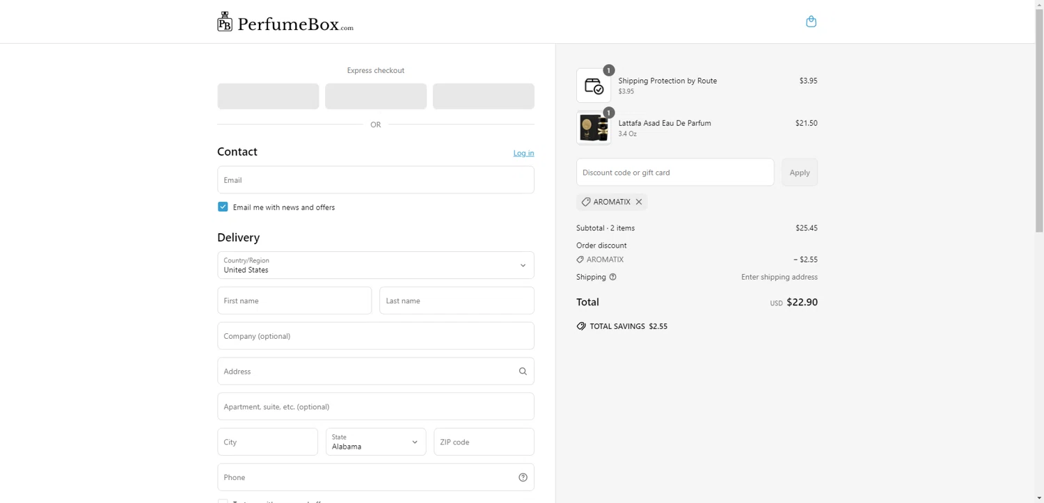 The Perfumebox promo code screenshot showing code aromatix applied at The Perfumebox checkout page. Uploaded by SimplyCodes community member TreasureKnight4134 on May 10, 2025