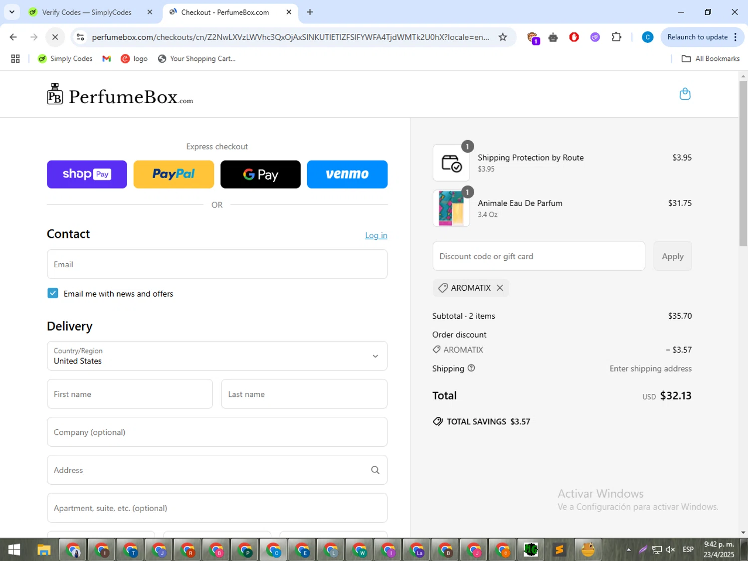 The Perfumebox promo code screenshot showing code aromatix applied at The Perfumebox checkout page. Uploaded by SimplyCodes community member ShrewdWhiz2806 on Apr 24, 2025