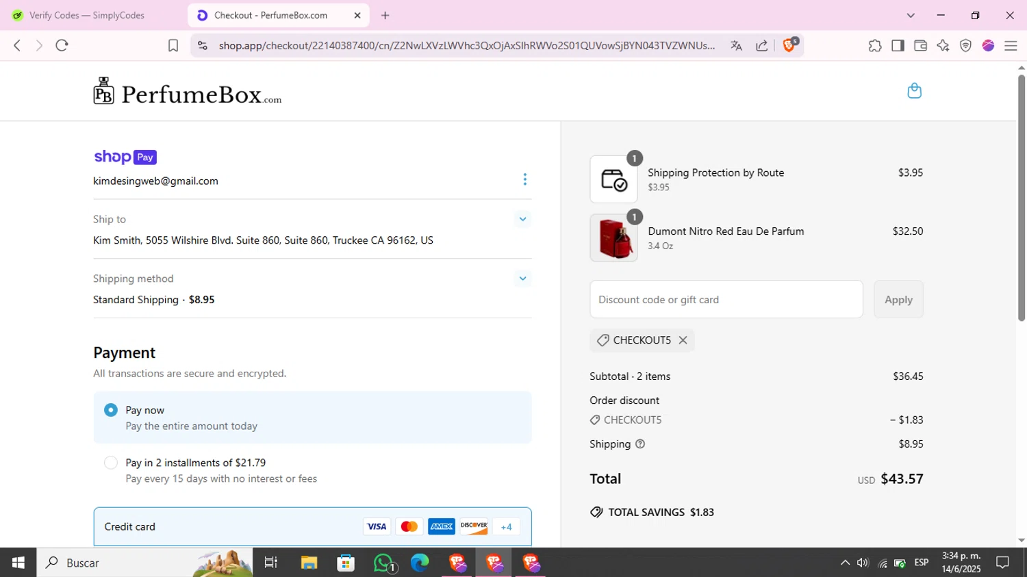The Perfumebox promo code screenshot showing code checkout5 applied at The Perfumebox checkout page. Uploaded by SimplyCodes community member KimChrista_ on Jun 14, 2025