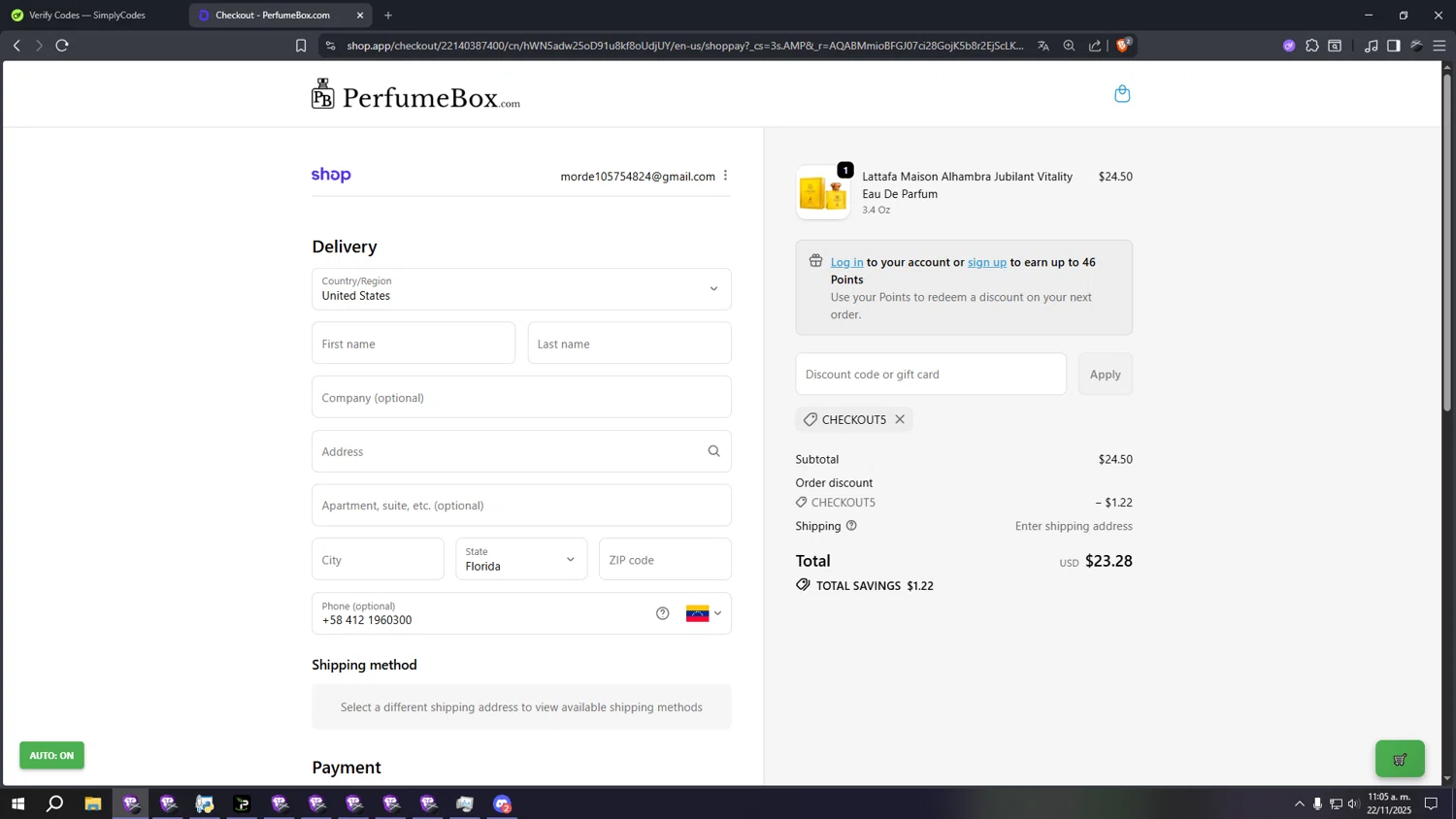 The Perfumebox promo code screenshot showing code checkout5 applied at The Perfumebox checkout page. Uploaded by SimplyCodes community member Aspiradora on Nov 22, 2025