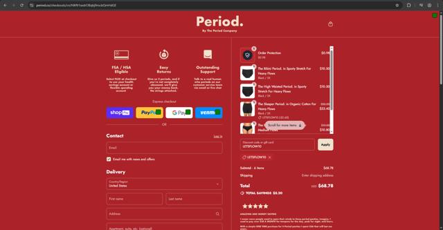 The Period Company checkout page showing The Period Company discount code box | Screenshot taken by SimplyCodes community member on Aug 17, 2025