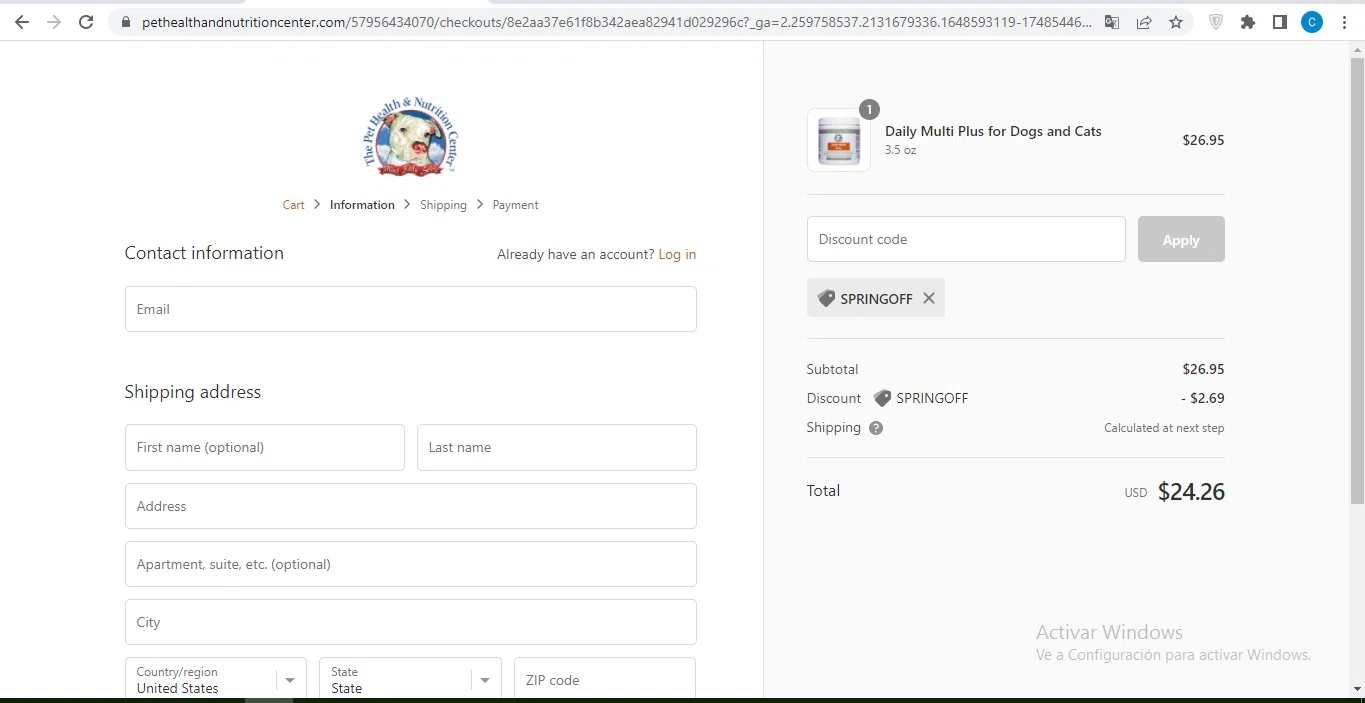 The Pet Health and Nutrition Center checkout page showing The Pet Health and Nutrition Center promo code box | Screenshot taken by SimplyCodes community member on Mar 30, 2022