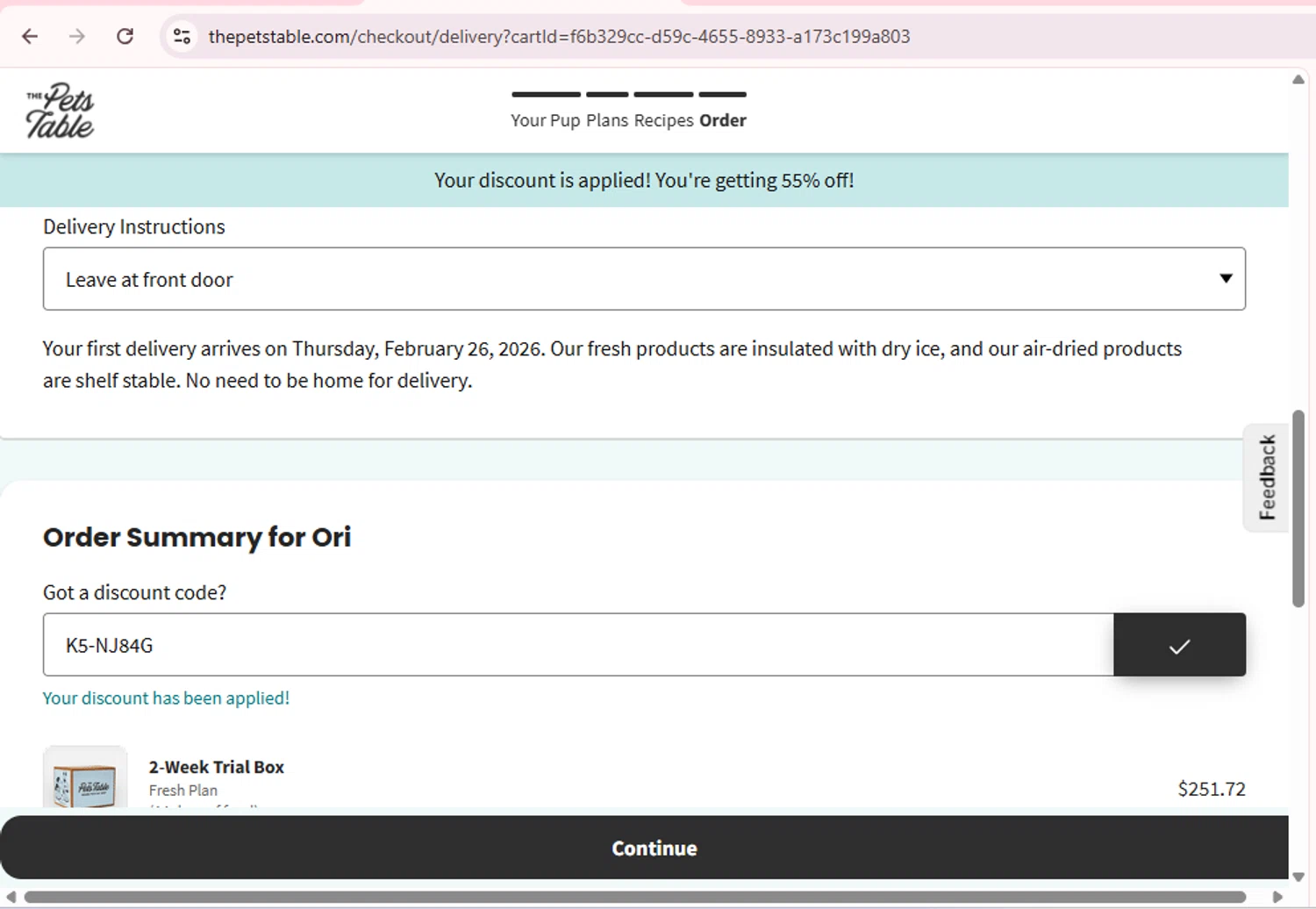 The Pets Table promo code screenshot showing code K5-NJ84G applied at The Pets Table checkout page. Uploaded by SimplyCodes community member PromoExpert5262 on Feb 21, 2026