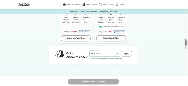 The Pets Table checkout page showing The Pets Table discount code box | Screenshot taken by SimplyCodes community member on Jul 23, 2025